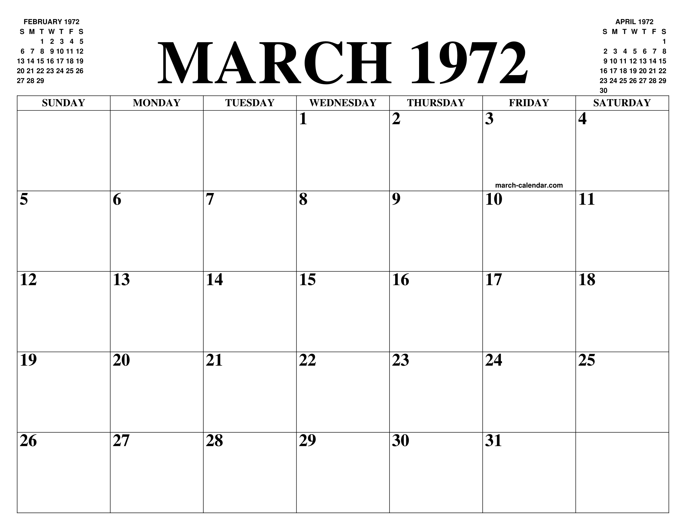 MARCH 1972 CALENDAR OF THE MONTH FREE PRINTABLE MARCH CALENDAR OF THE 