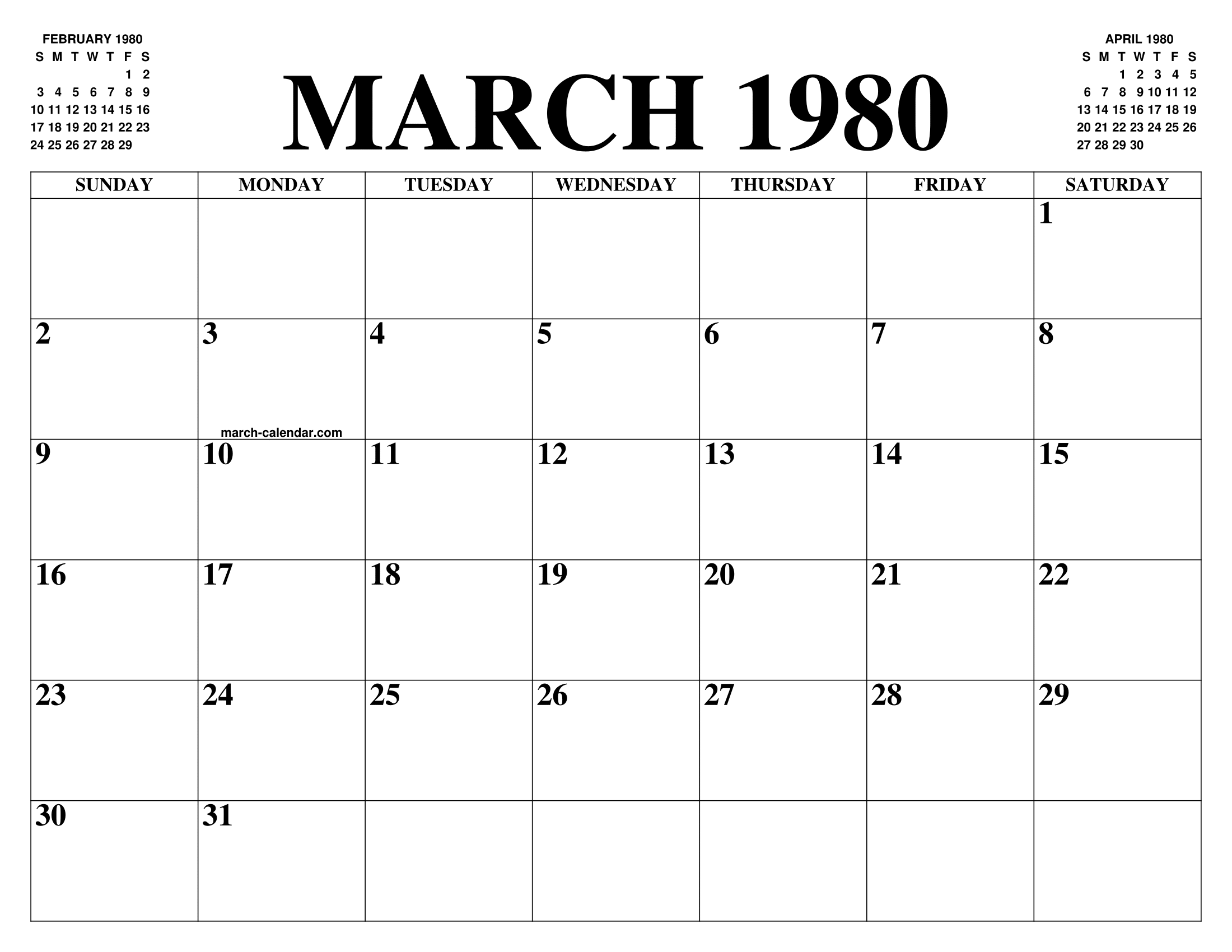 MARCH 1980 CALENDAR OF THE MONTH FREE PRINTABLE MARCH CALENDAR OF THE