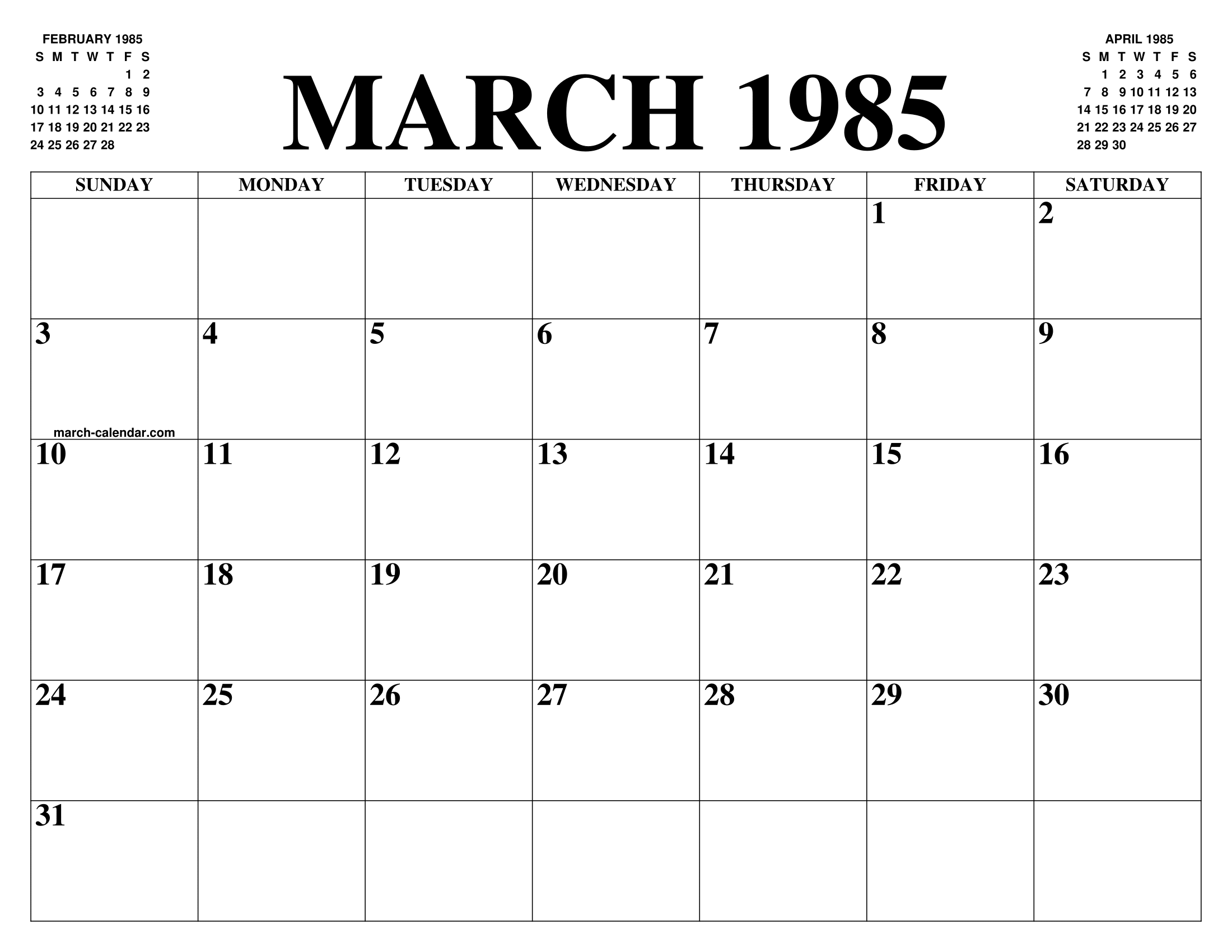 MARCH 1985 CALENDAR OF THE MONTH: FREE PRINTABLE MARCH CALENDAR OF THE