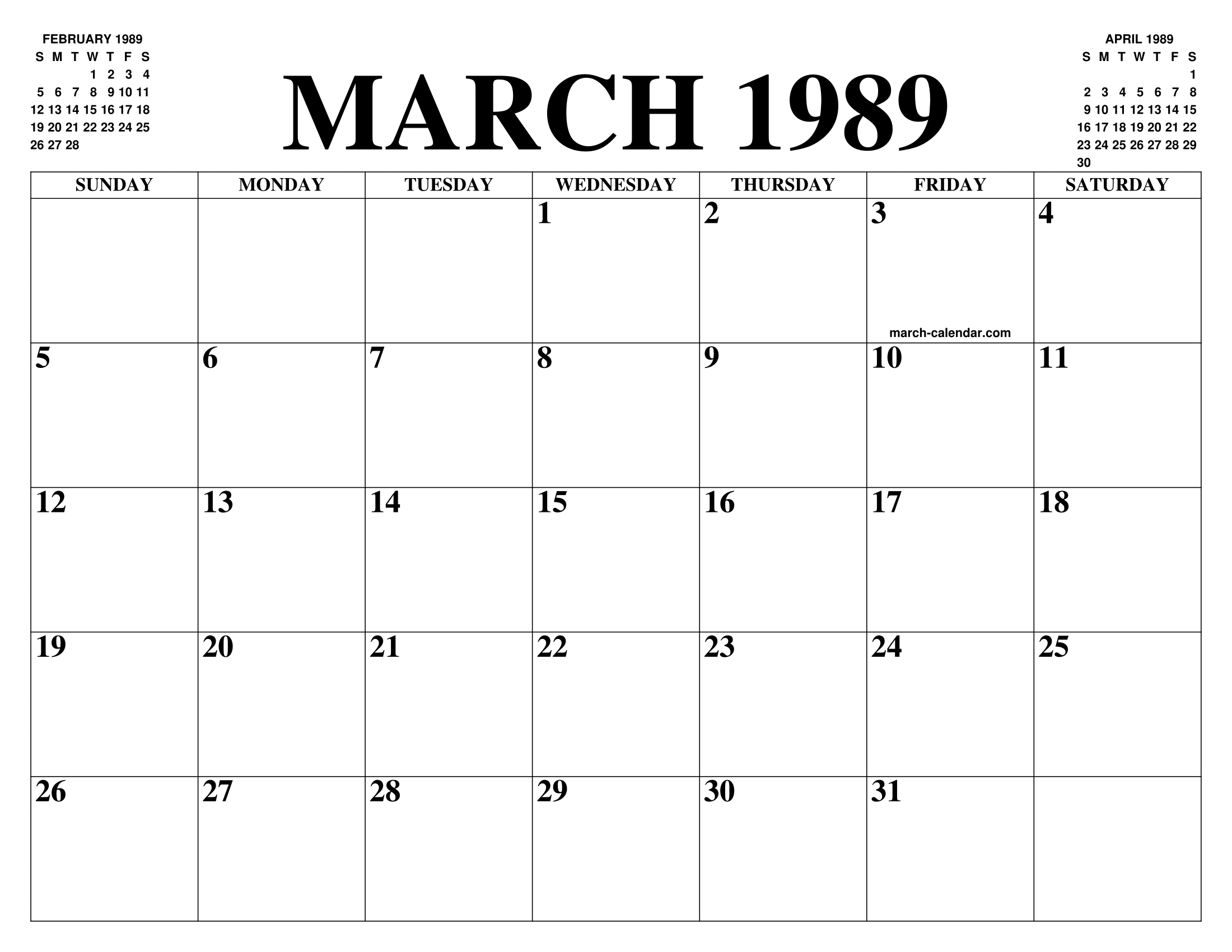 MARCH 1989 CALENDAR OF THE MONTH: FREE PRINTABLE MARCH CALENDAR OF THE