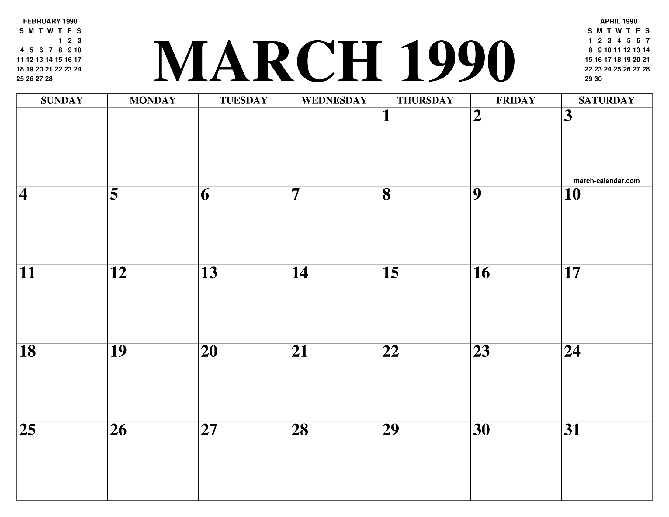 MARCH 1990 CALENDAR OF THE MONTH FREE PRINTABLE MARCH CALENDAR OF THE