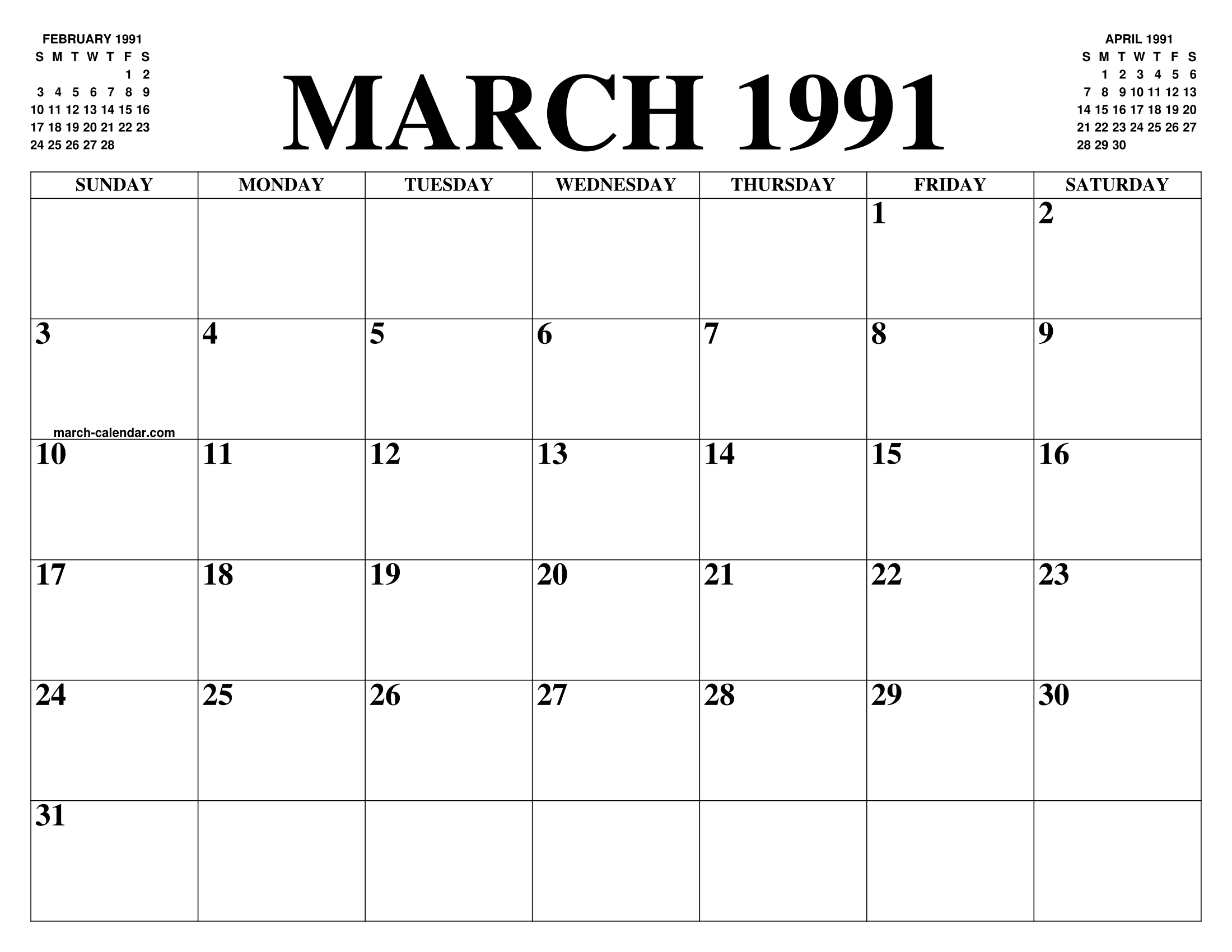 MARCH 1991 CALENDAR OF THE MONTH: FREE PRINTABLE MARCH CALENDAR OF THE