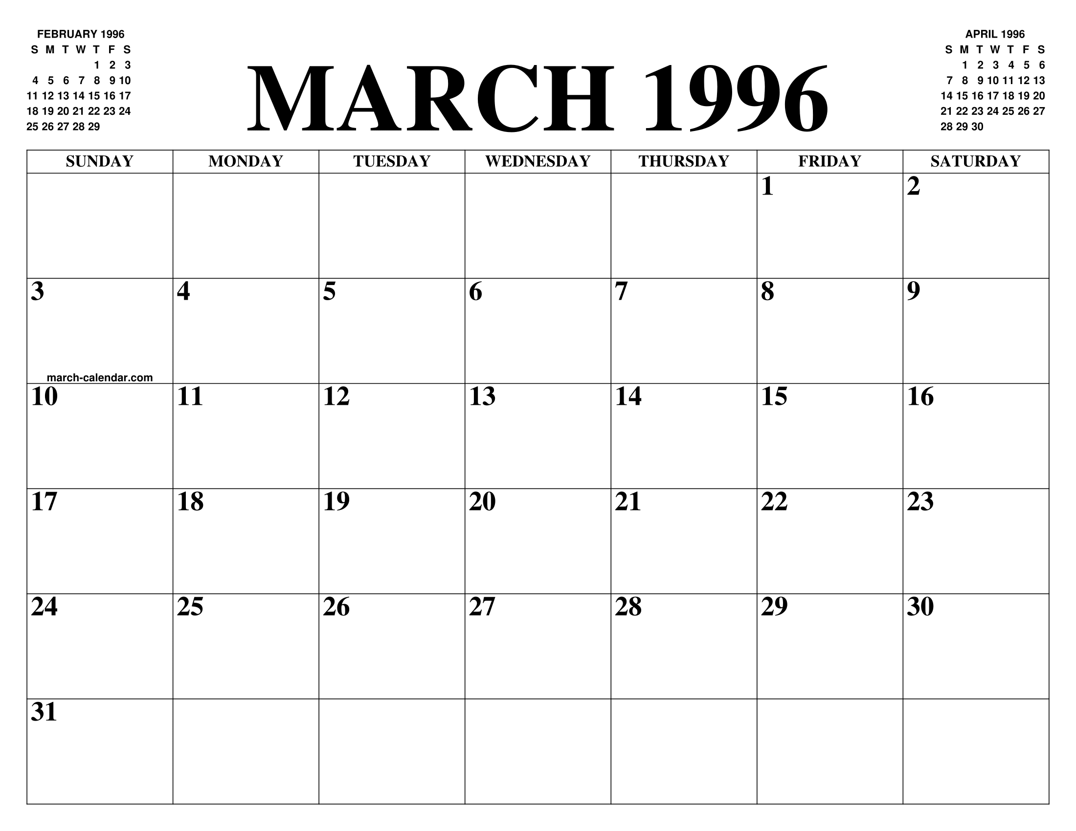 MARCH 1996 CALENDAR OF THE MONTH: FREE PRINTABLE MARCH CALENDAR OF THE YEAR - AGENDA