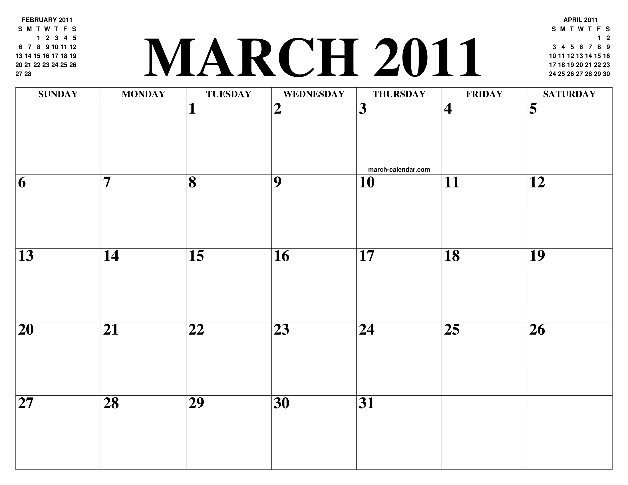 MARCH 2011 CALENDAR OF THE MONTH FREE PRINTABLE MARCH CALENDAR OF THE