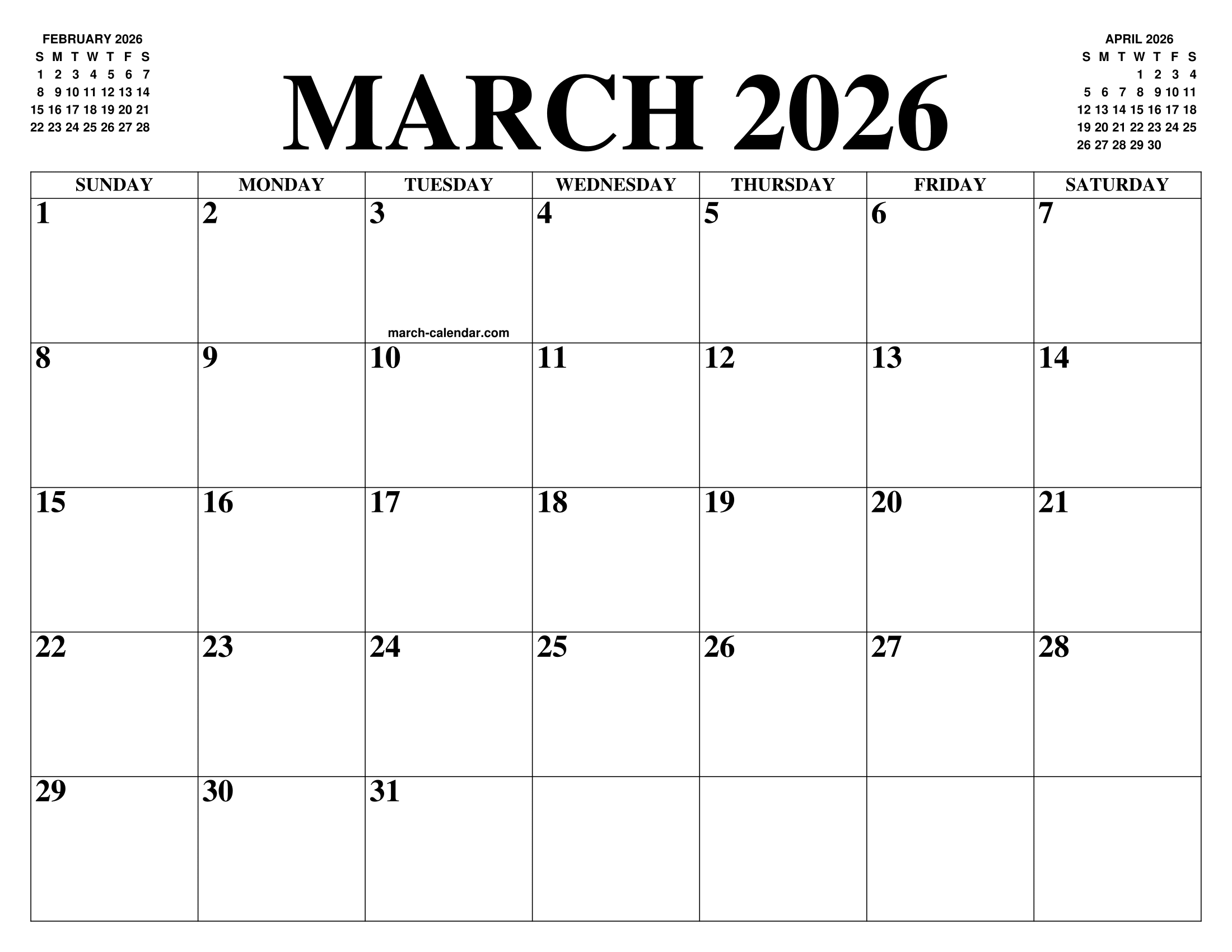 MARCH 2026 CALENDAR OF THE MONTH: FREE PRINTABLE MARCH CALENDAR OF THE YEAR - AGENDA