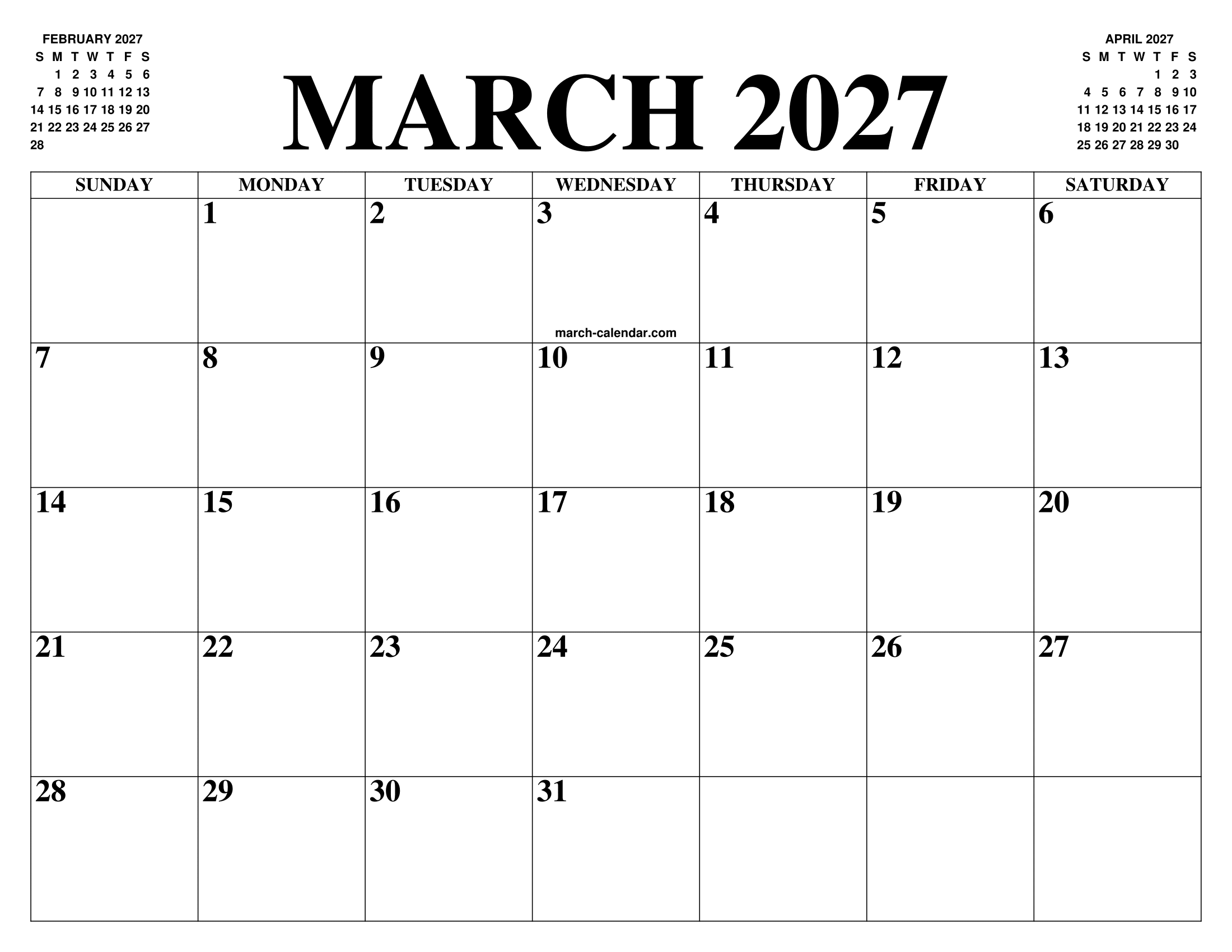 MARCH 2027 CALENDAR OF THE MONTH: FREE PRINTABLE MARCH CALENDAR OF THE YEAR - AGENDA march-2027-calendar-of-the-month-free-printable-march-calendar-of-the-year-agenda