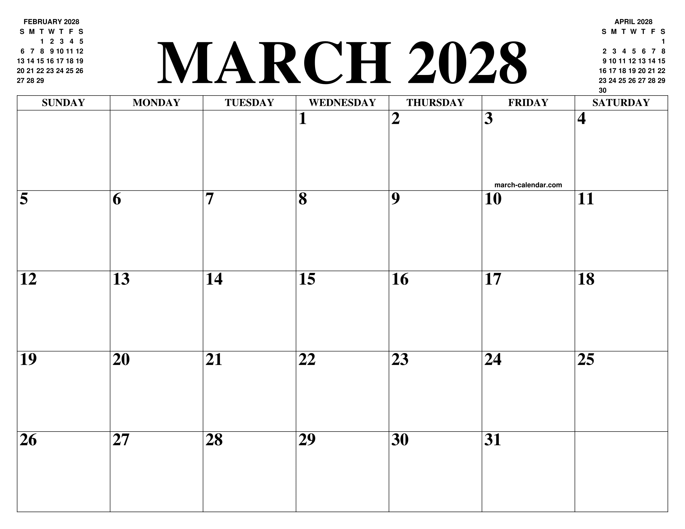 MARCH 2028 CALENDAR OF THE MONTH: FREE PRINTABLE MARCH CALENDAR OF THE YEAR  - AGENDA