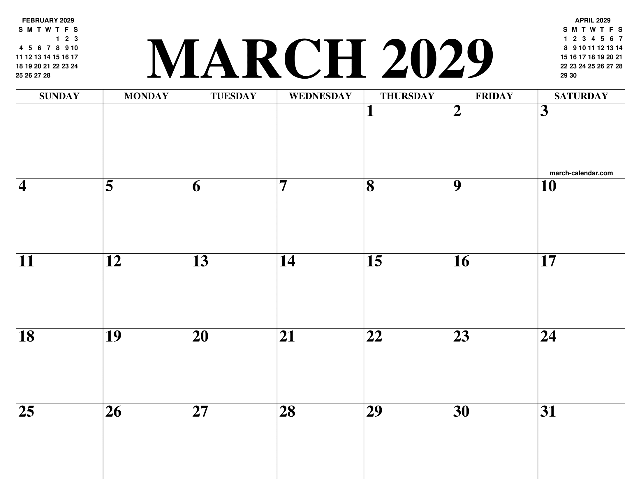 MARCH 2029 CALENDAR OF THE MONTH: FREE PRINTABLE MARCH CALENDAR OF THE YEAR  - AGENDA