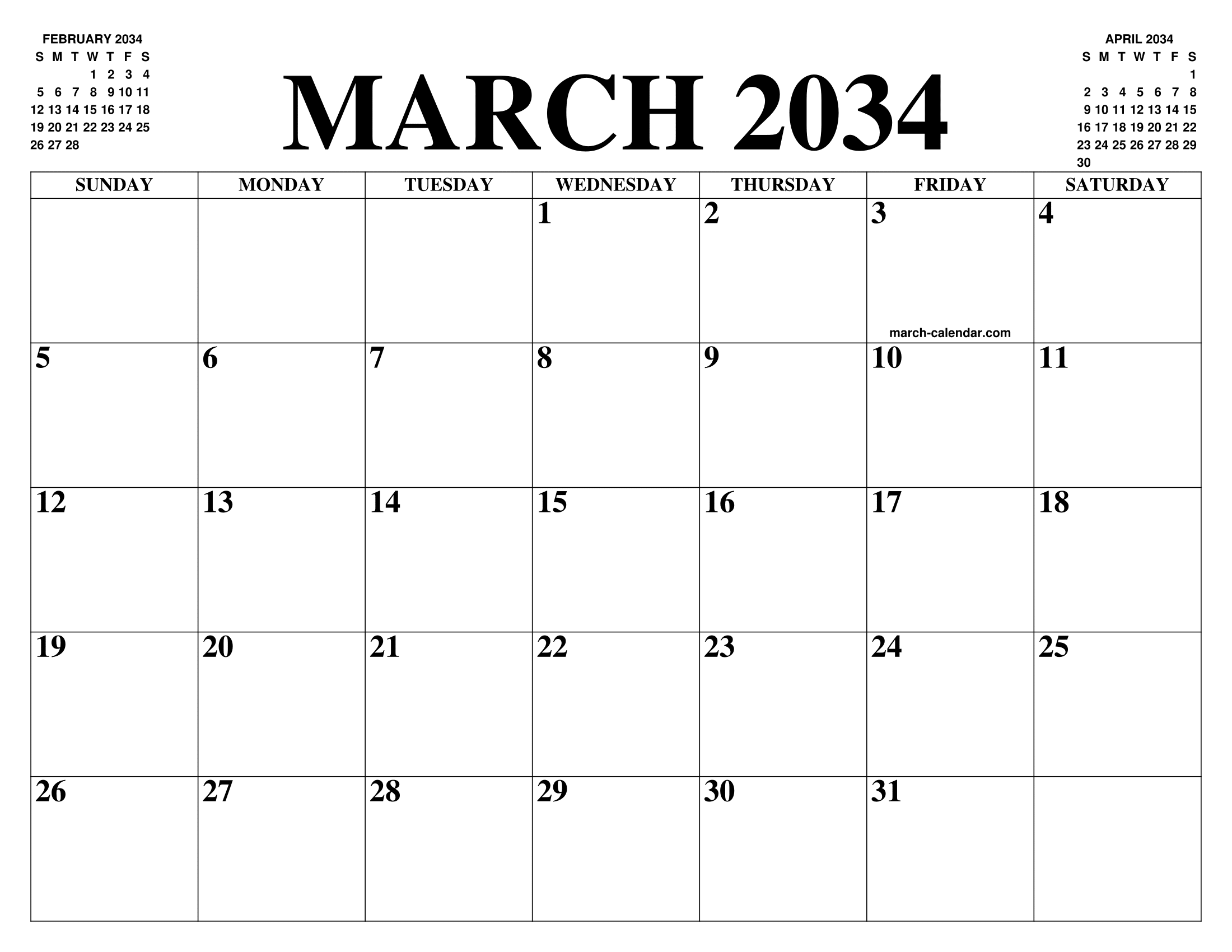 MARCH 2034 CALENDAR OF THE MONTH: FREE PRINTABLE MARCH CALENDAR OF THE YEAR - AGENDA