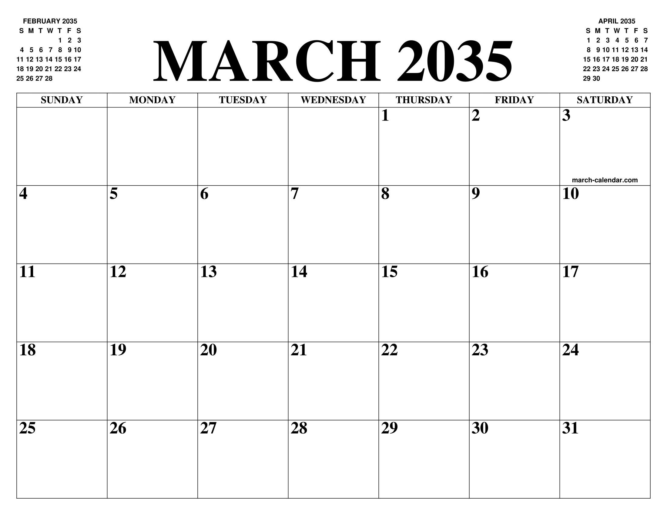 MARCH 2035 CALENDAR OF THE MONTH FREE PRINTABLE MARCH CALENDAR OF THE