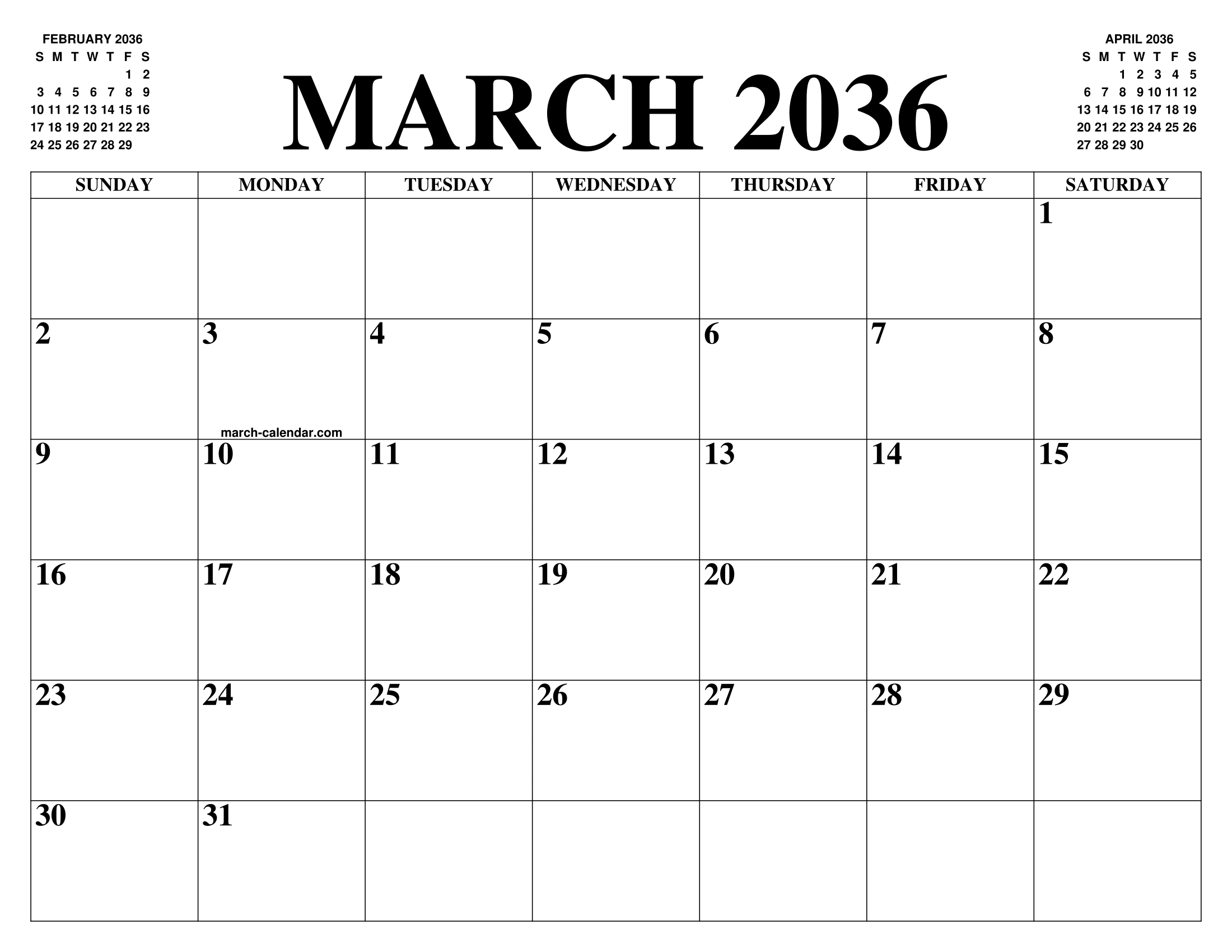 MARCH 2036 CALENDAR OF THE MONTH FREE PRINTABLE MARCH CALENDAR OF THE